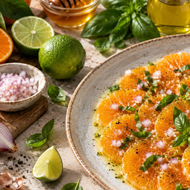 Satsuma-Carpaccio mit Limetten-Vinaigrette